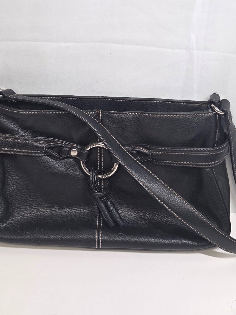 THE SAK Vintage Black Pebbled Leather Shoulder Bag Hobo Contrast Stitch O-Ring T